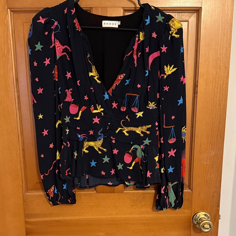 RHODE Lined Neon Constellation top. Features V-neck line, cinched waist. Sz 4.